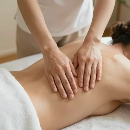 עיסוי שוודי ברמלה - ידי מטפל מבצעות תנועת החלקה מרגיעה על גב משומן